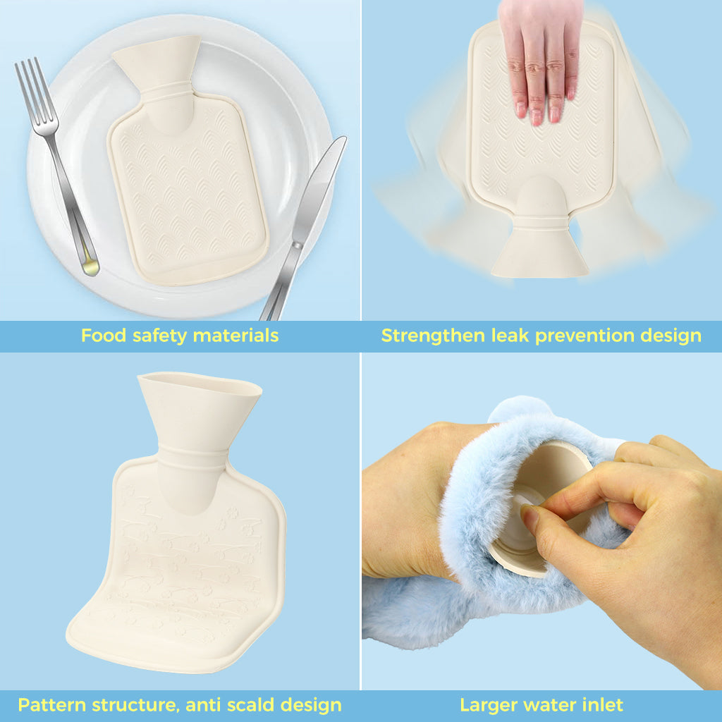 ZIBUYU Hot Water Bottle with Cover, Hot Water Bottle, Plush Hot Water Bottle, Mini Hot Water Bottle, Silicone Mini Hot Water Bag, Safe and Durable Recyclable Hot Water Bottle, Blue