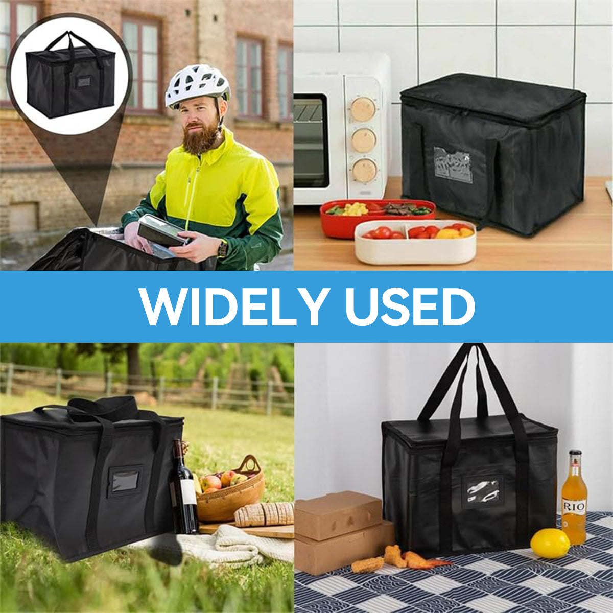 ZIBUYU Insulated Grocery Shopping Bags, Black, Reusable Bag,Thermal Zipper,Collapsible,Tote,Cooler,Food Transport hot and Cold,Camping,Recycled Material delivery Groceries