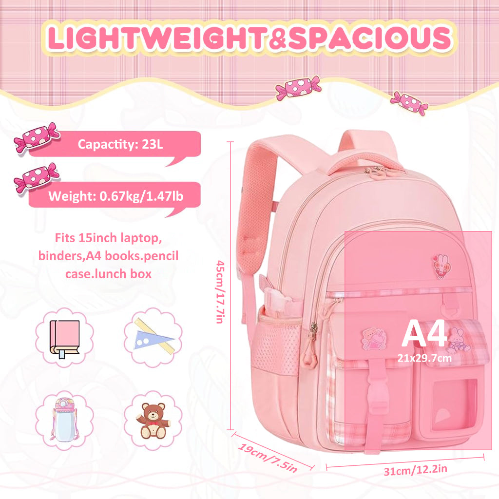 PALAY School Backpack for Girls Pink Plaid Schoolgirls Backpack Book Bag Multi Compartment Waterpoof School Backpack Lightweight Travel Backpack School Gift Birthday Gift for Girls, 46x30x17cm