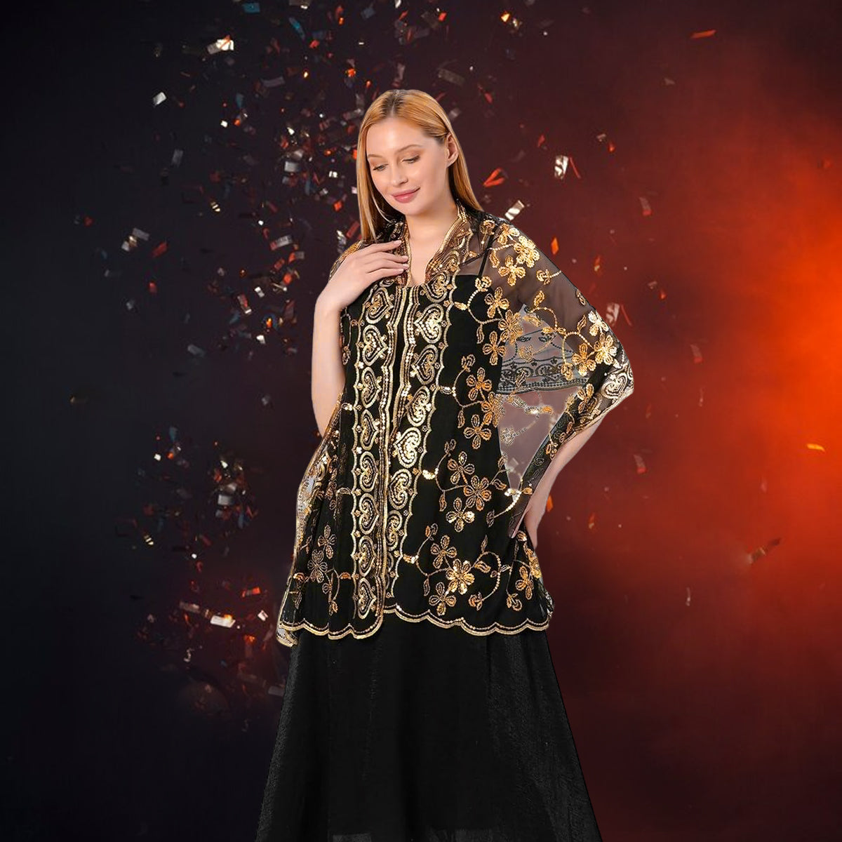 SANNIDHI Shawl for Women, Embroidery Wraps for Evening Dresses, Floral Sequin Formal Shawl Wrap, Luxurious Sheer Long Lace Shawl for Ladies Wedding, Party (190x60cm)