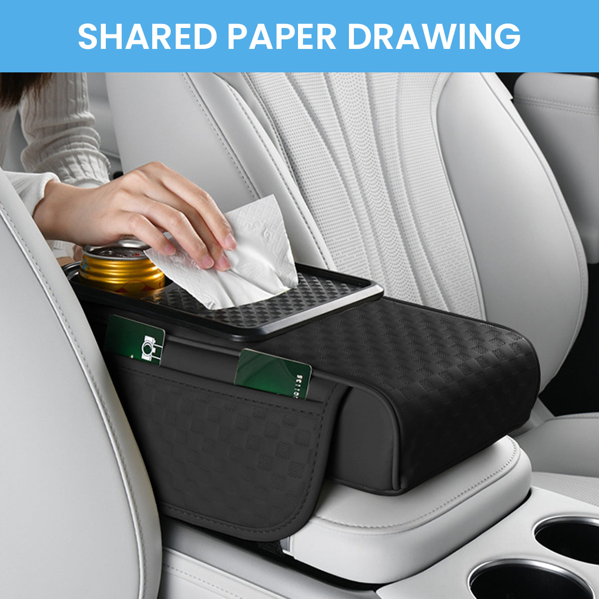 STHIRA® PU Armrest for Car Center Console 4 in 1 Armrest Pad with Cup Holder Tissue Paper Box & Side Pocket Multifunctional Fashion Printed Car Center Console Armrest Universal Car Armrest Cushion