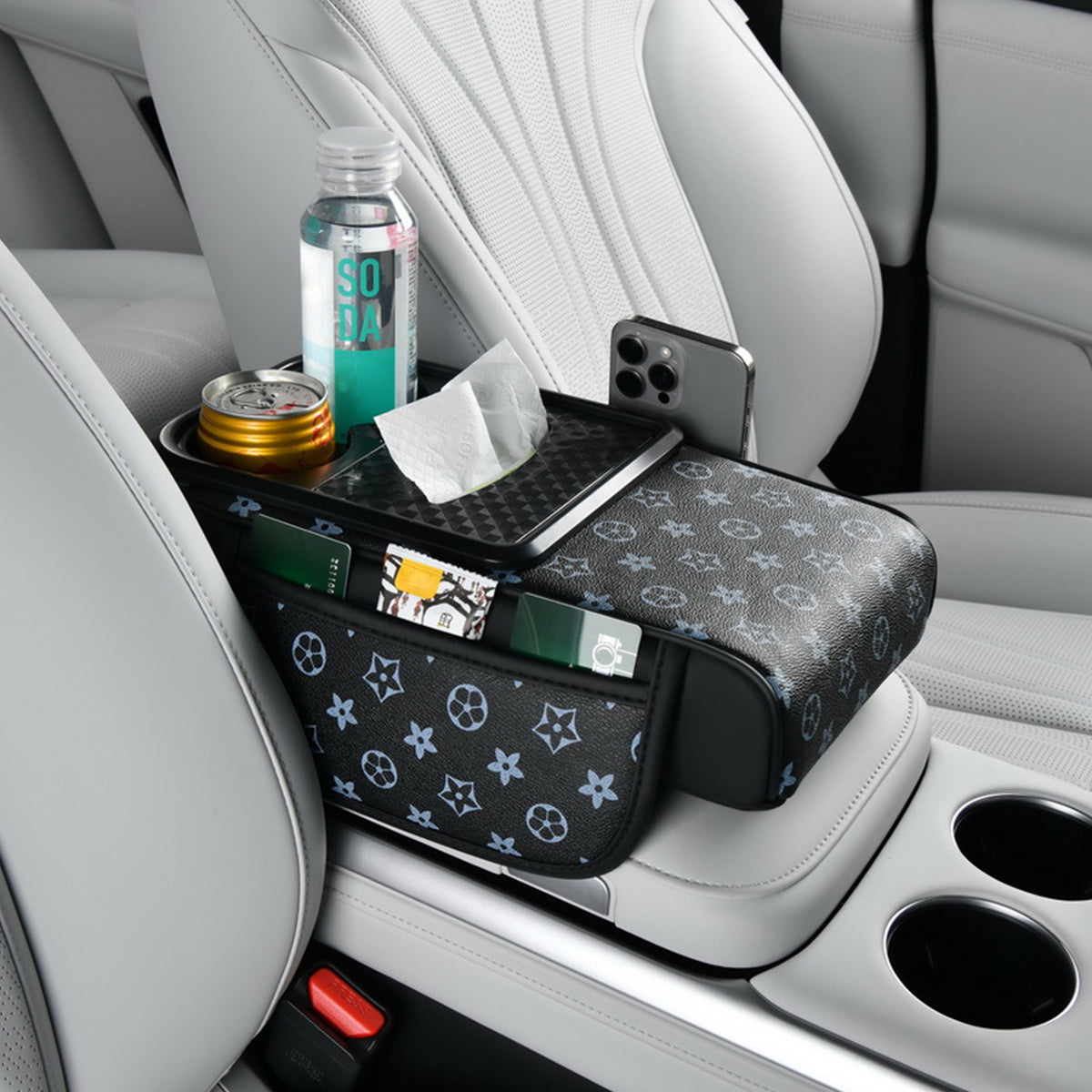 STHIRA PU Armrest for Car Center Console 4 in 1 Armrest Pad with Cup Holder Tissue Paper Box & Pocket Fashion Printed Car Center Console Armrest Universal Car Armrest Cushion