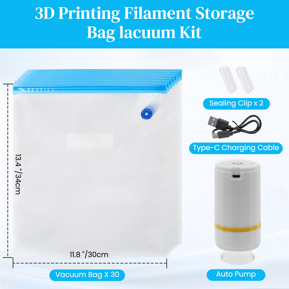 Serplex 3D Printer Filament Vacuum Storage Bags & Electric Air Pump with 10 Filament Vacuum Storage Bags, 2 Sliding Sealing Clips Moisture Protection Vacuum Storage Bags for 1Kg Filament, 300x340mm