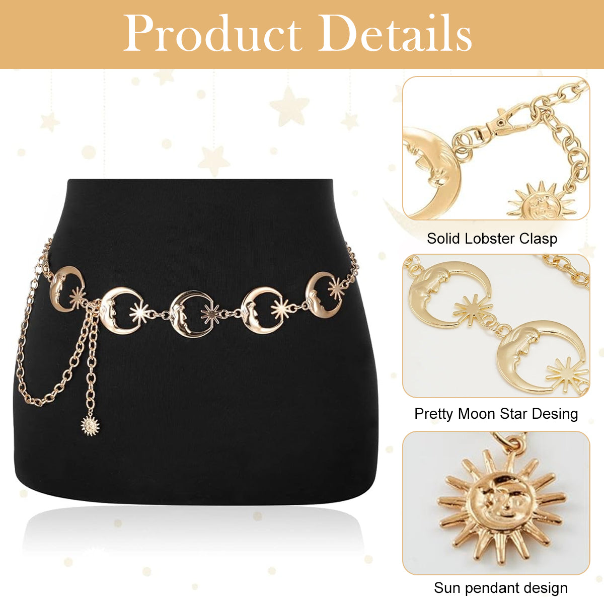 PALAY® Waist Chain Belt Moon Star Metal Waist Chain Belt Stylish Clothes Accessories for Blazer, Suit, Dress, Gown, Wedding Dress (Gold)