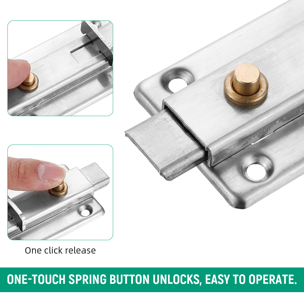 HASTHIP Door Latch Door Lock Security Door Latch Metal Stainless Steel Door Lock Spring Loaded Design One Press Button Release Mechanism Screw Fixed Security Door Latch for Room, House, Fence Door