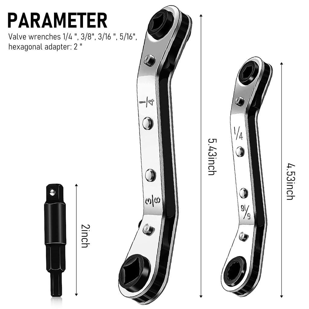 Serplex Hvac Service Wrench Tool, 3/16'' to 3/8'' 5/16'' x 1/4'' Air Conditioner Valve Ratchet Wrench with 2 Hexagon Bit Adapter Kit Refrigeration Service Wrench Set Car Repair Tool Wrench Tool