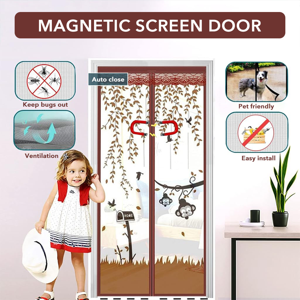 HASTHIP Screen Door Mesh 39.37x 82.68 Inches Fashion Cartoon Mesh Screen Door Mosquito Proof Self Sealing Door Room Partition Screen Removable Hook and Loop Mesh Screen Door