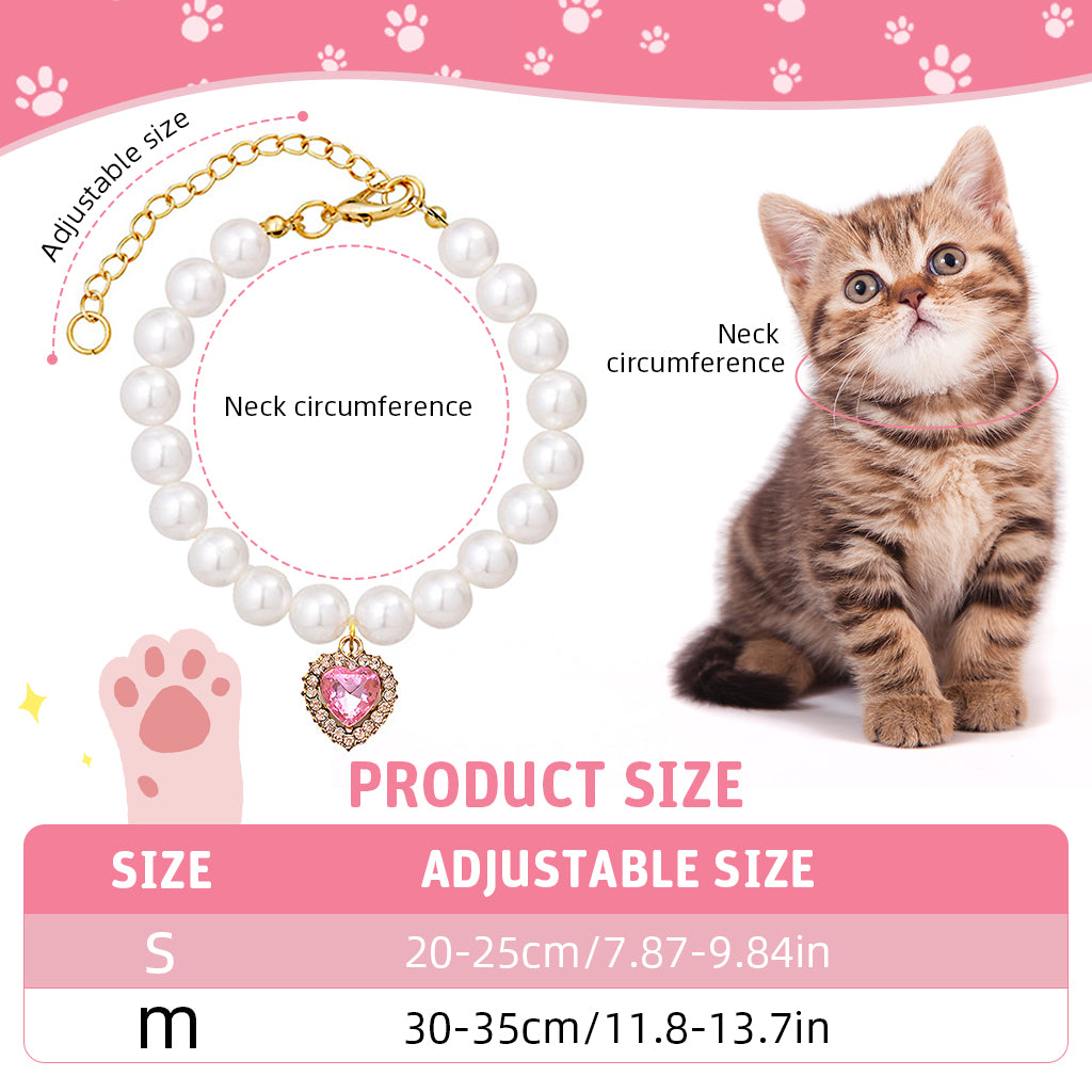 Qpets Cat Collar Jewelry Necklace Pink Rhinestone Heart Charm Pearl Necklace Adjustable 9-11 inches Cat Puppy Charm Necklace Dressing Up Jewellry Photography Prop