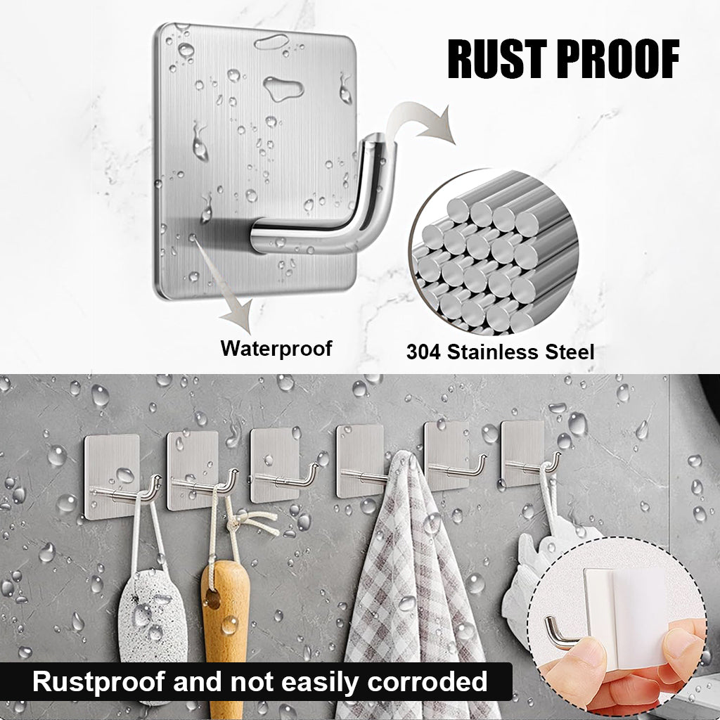 HASTHIP Self Adhesive Wall Hooks Pack of 8, Heavy Duty 6.6lbs Stainless Steel Hooks, Rust-Proof Multipurpose Hooks for Bathroom, Kitchen, Bedroom & Office, Easy Installation, No Drilling Required