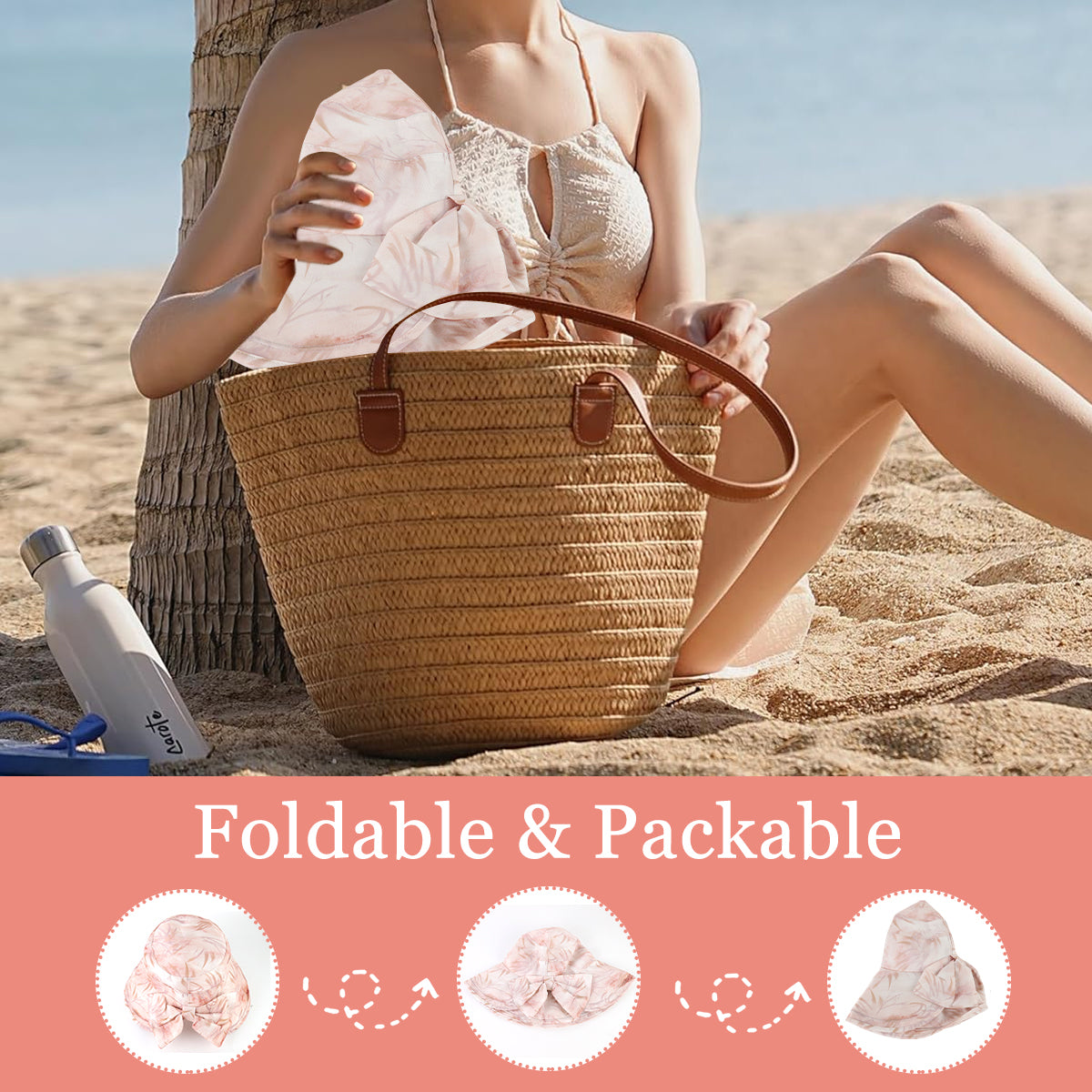 SANNIDHI Sun Hats for Women, Bow Beach Hat for Women Stylish, Wide Brim Bucket Hat for Womens, Fashion Women Hat for Sun, UV Protection Pink Ladies Travel Sun Hat (Packable & Lightweight)
