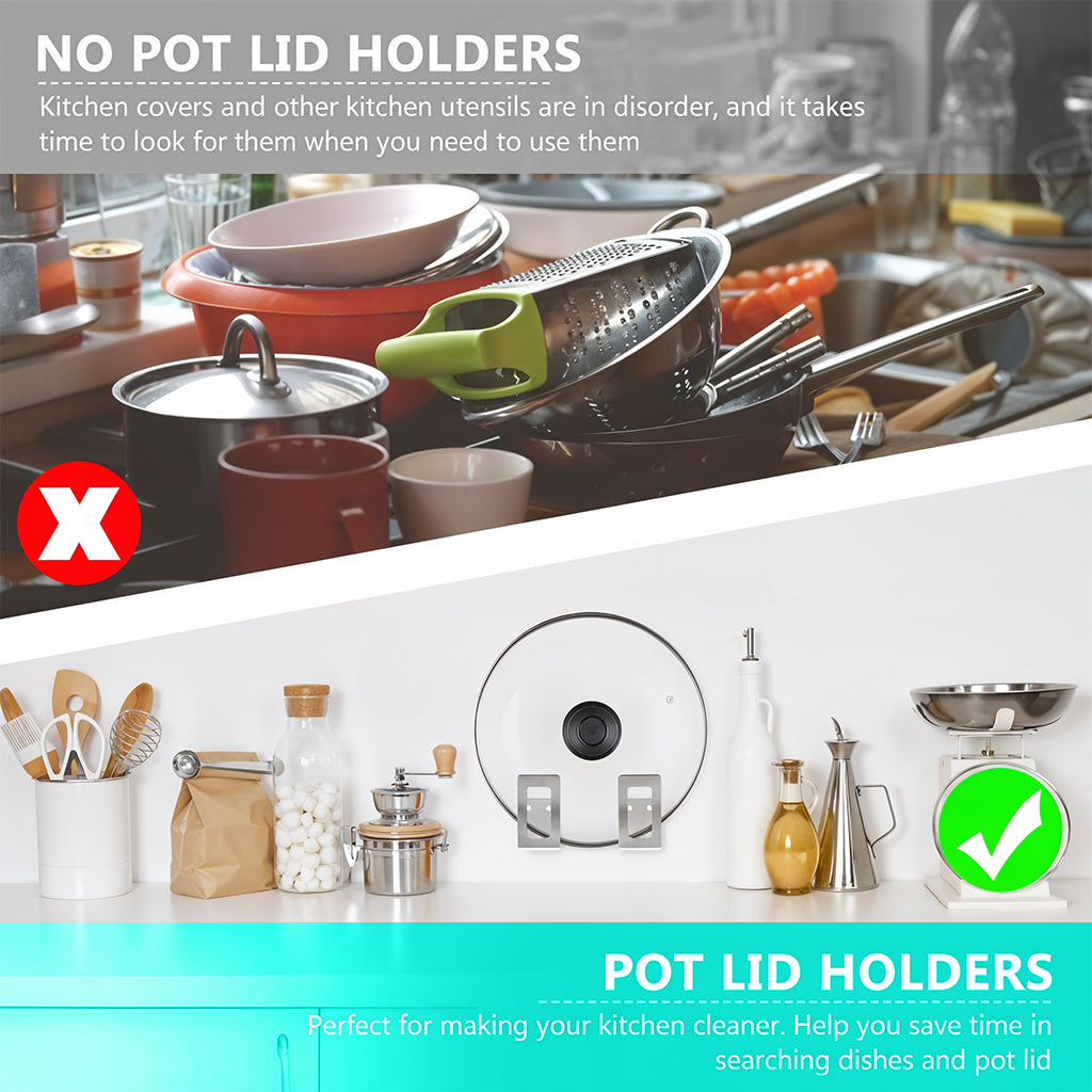 HASTHIP 4Pcs Wall Pot Lid Holders Rackets Pre-punched Hole Design Stainless Pot Lid Organizer Holder Space Saving Kitchen Utility Wall Brackets for Pot Lids, Pan, Chopping Board