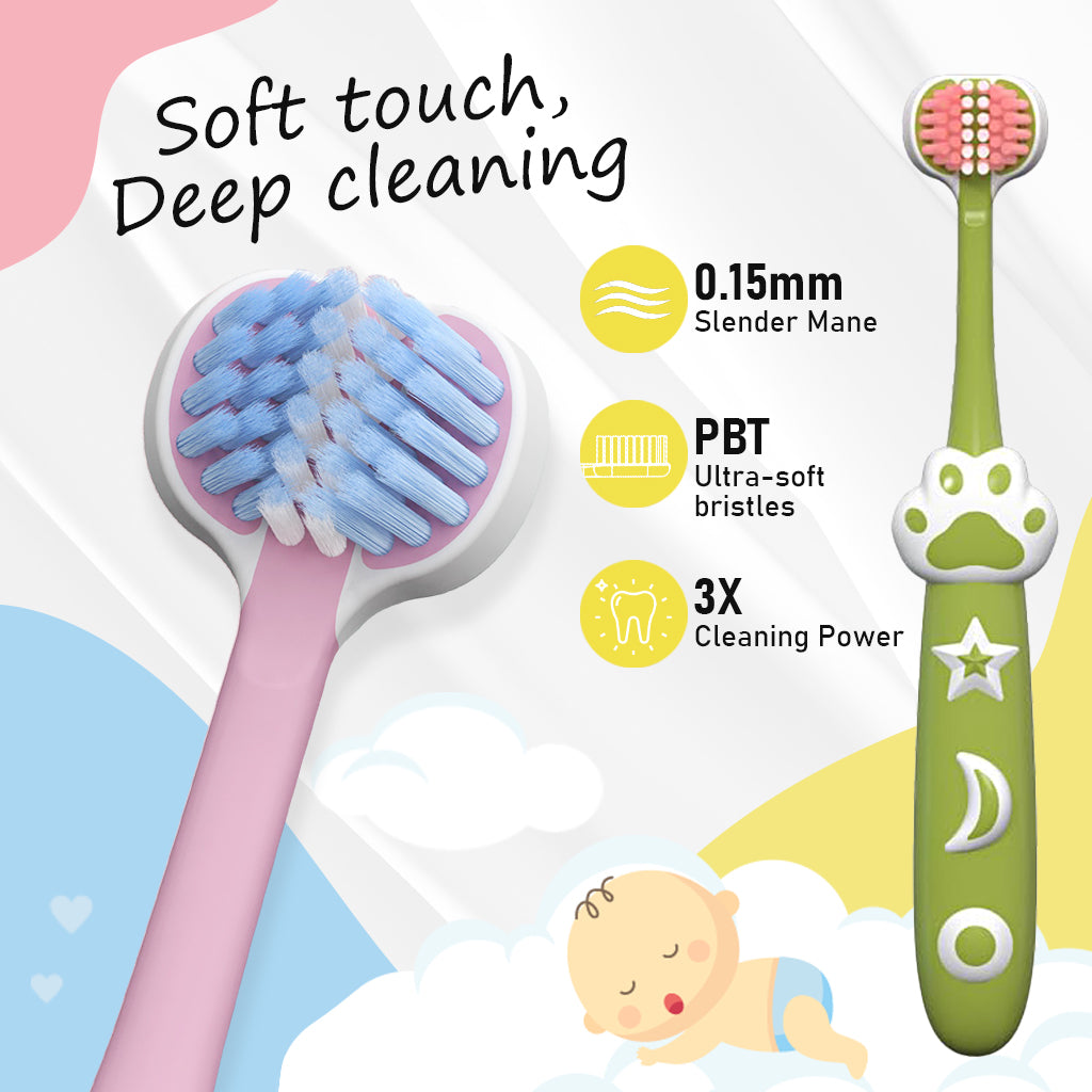 HANNEA 4Pcs Kids Toothbrush Triple-sided Toothbrushes for Age 3+ Ultra Soft Bristle Toothbrush Designed for Deciduous Teeth Lovely Cartoon Cat Palm Handle Child Toddlers Toothbrush