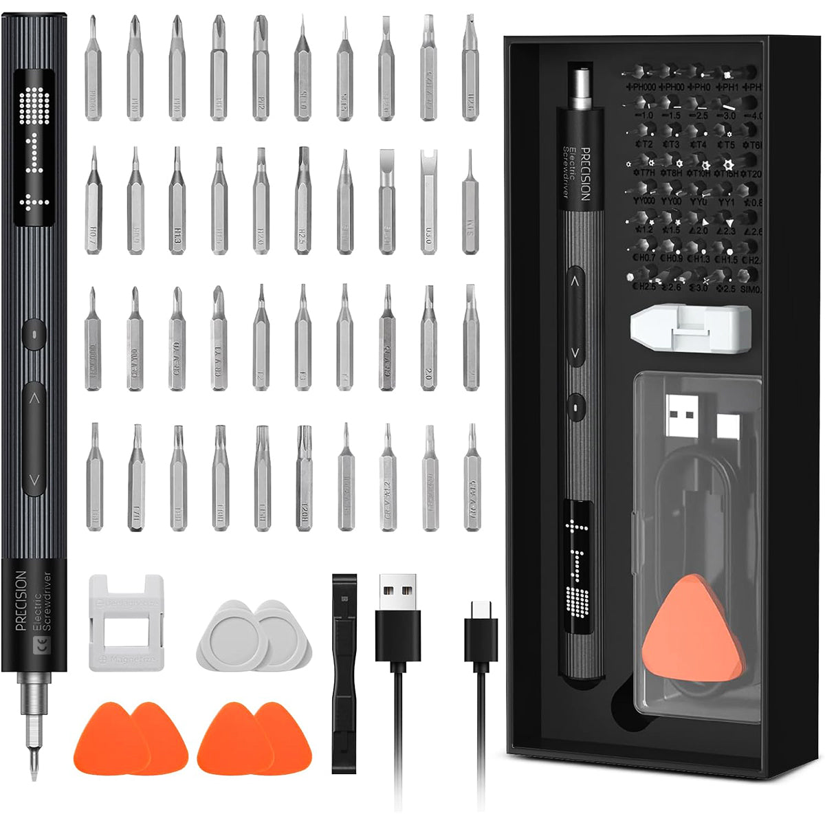 Serplex 50 in 1 Electric Screwdriver Set with Carry Case High Precision Electronics Screwdriver with LED, 40 Bits, Pry Tools, 3 Adjustable Torque, USB Cordless Screwdriver Tool Kit with Power Display
