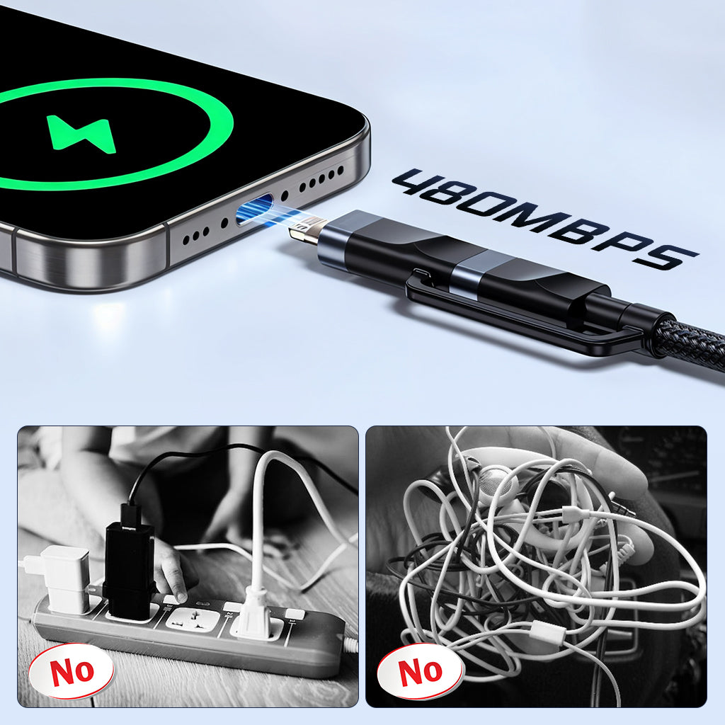 Verilux 4 in 1 Type C Cable 10Ft/3M, PD 65W C Type Cable Fast Charging Cable & 480Mbps Data, Type C/USB/Light-ning Port for iPhone 16/16 Plus/16 Pro/16 Pro Max/15, Galaxy S24/S23, MacBook, iPad