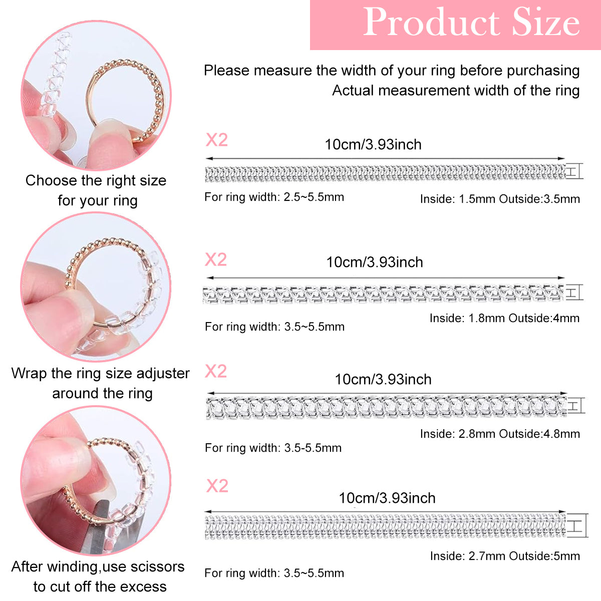 SANNIDHI 20Pcs Ring Adjuster for Loose Rings Invisible Ring Size Measuring Tool, Plug-In Invisible Ring Guards Silicone Tightener Eva Foam Patches Ring Adjusters Set with Polishing Cloth, Scissors