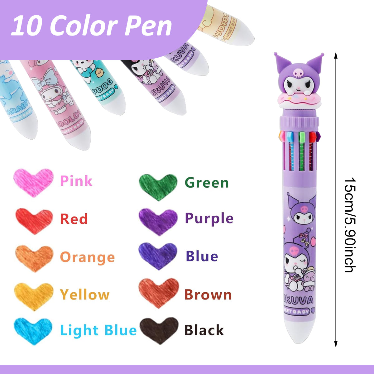 Climberty 6Pcs Ball Pen Set, 10-in-1 Multi Colour Pens Set Kawaii Melody Kuromi Stationery, Cute Stationery Items 0.5mm Click Ball Point Pens Birthday Gift Children's Day Gift