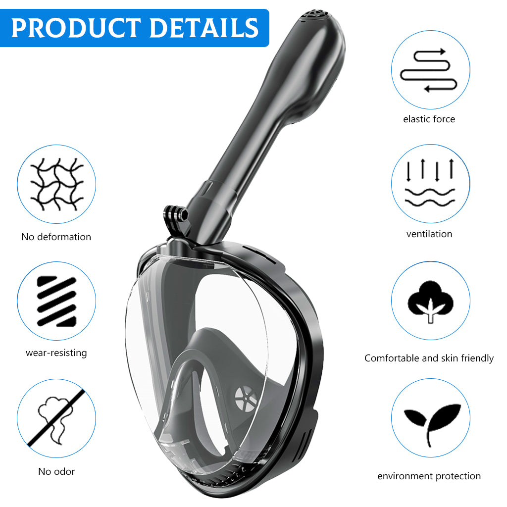 Proberos Adult Snorkel Mask, 180° Wide Angle View Anti-Fog Snorkling Face Mask with Drain Valve, Detachable Breathing Tube Design Full Face Snorkeling Mask Diving Gear with Camera Mount, L/XL