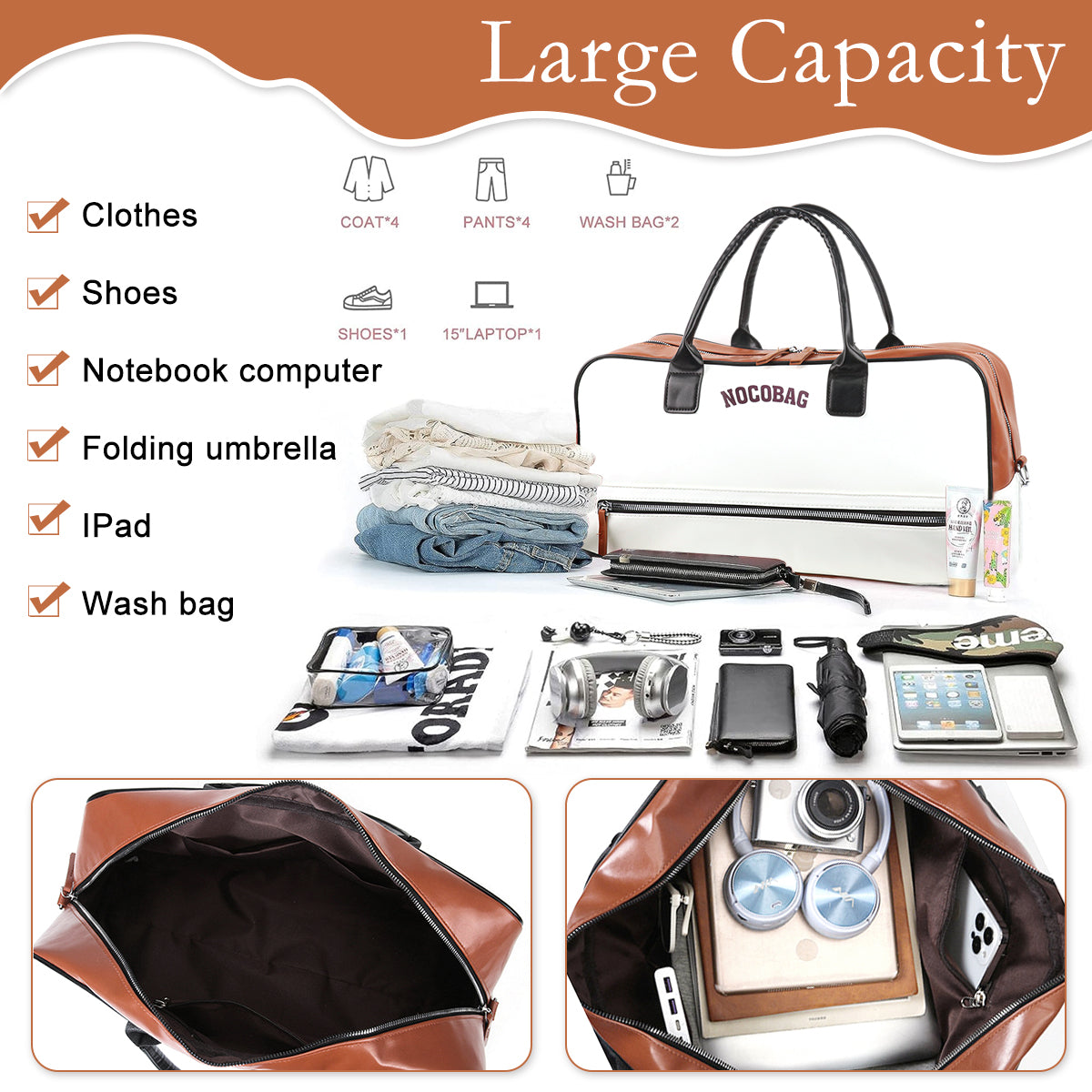 PALAY Fashion PU Duffle Bag Hand Carry Luggage Bag with Removable Shoulder Strap Dual Zipper Full Open Design Travel Waterproof Airplane Carry On Duffle Bag Gym Bag, 45x20x25cm