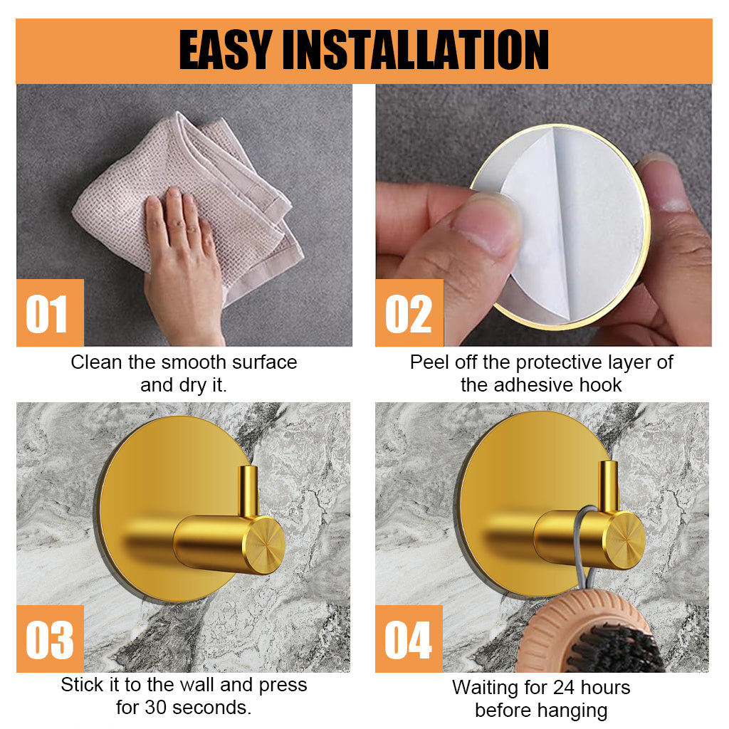 HASTHIP 4pcs Self Adhesive Wall Hooks, Golden Stainless Steel Utility Hooks, 0.5 Inch Round Rust-Proof Waterproof Hooks for Bathroom, Kitchen, Bedroom, Door Back, Hanging Bags, Hats, Towels & Keys
