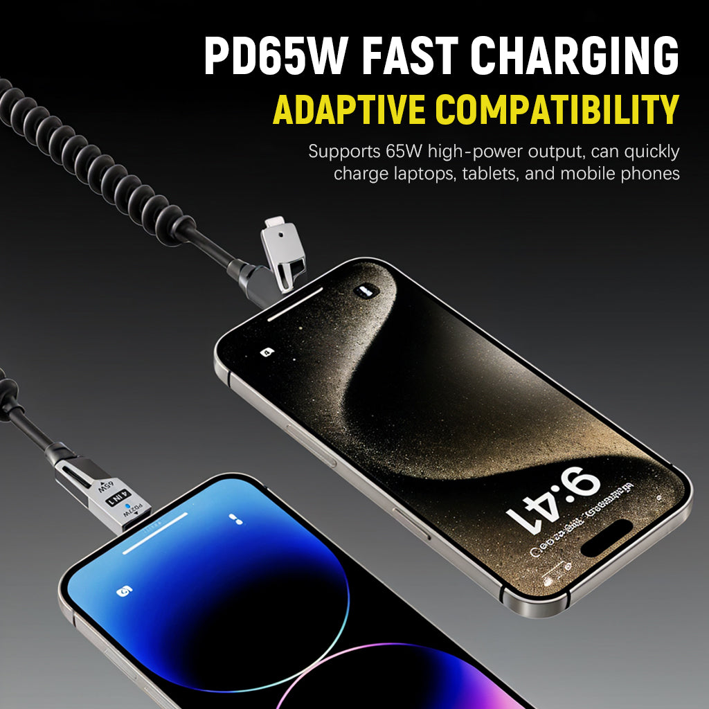 Verilux 4 in1 Type C Cable with Spring, PD65W C Type Cable Fast Charging, 480Mbps Data Transfer USB to Type C Cable, Multi Adjustable Cable with Type C/USB A/Light-ning Port for iPhone 16/15, Black