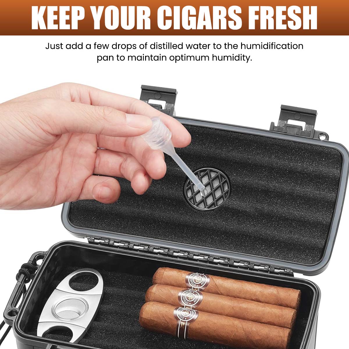 GUSTAVE® Travel Cigar Humidor Case with Cigar Cutter Hard Shell 5 Cigar Capacity Storage Case with Humidifier Disc EVA Protective Foam Liner Design Portable Cigar Box with Lanyard, 23x13x5cm