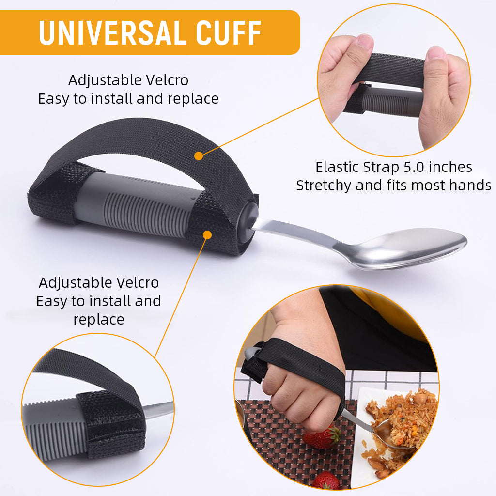 HASTHIP Set of 5 PCS Adaptable Cutleries Bendable Stainless Steel Fork Spoon Soup Spoon Table Cutter Anti-slip Handle Design with Elastic Strap Cutleries Set for Patients