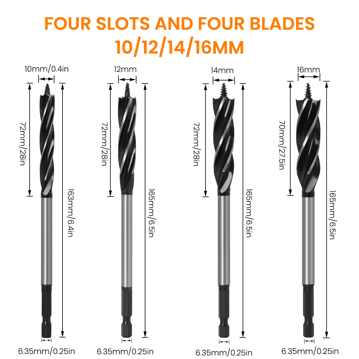 Serplex 4Pcs Hole Opener Screw Bits for Wooden Work 10/12/14/16mm Alloy Steel Twist Drill Bits Four-blade Woodworking Hole Opener Bits Universal Hex Shank Screw Bits for Impact Tool Power Tool