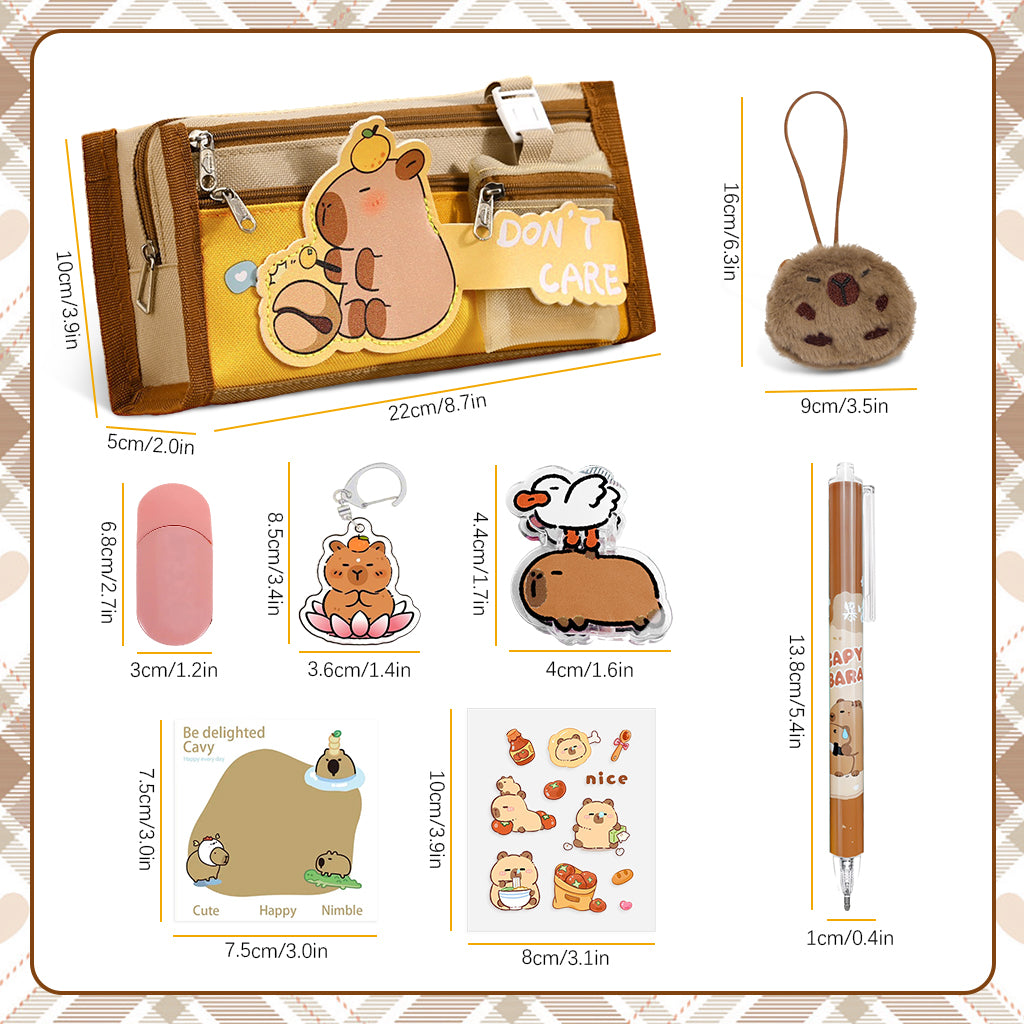 Climberty Capybara Stationery Set for Students & School Gift, 64 Pcs Adorable Cartoon Supplies with Pens, Pencil Bag, Stickers, Correction Tape, Sticky Notes & Capybara Backpack Charm