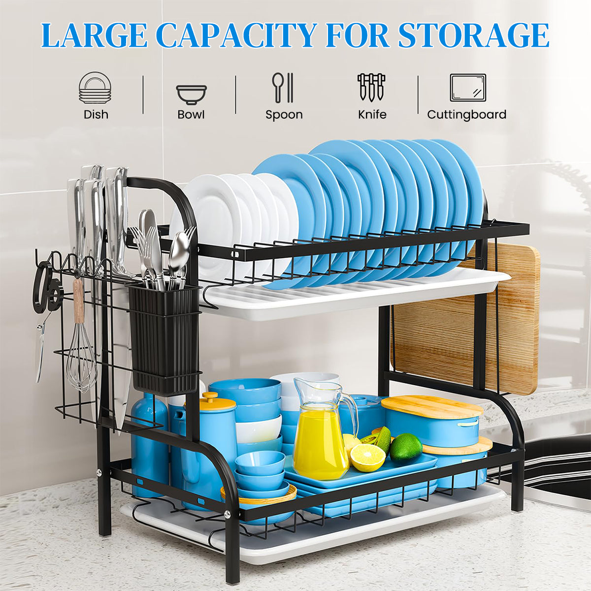 HASTHIP Dish Drying Rack Double Layer Dish Drain Rack Plates Cups Dishes Dry Rack with Removable Water Catch Tray Carbon Steel Kitchen Organizer Modern Kitchen Cutlery Organizer Rack, 43x23.5x39cm
