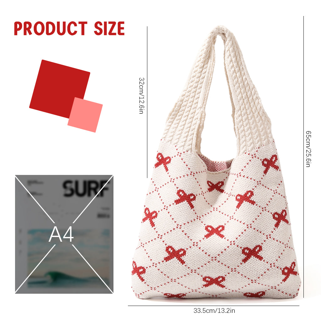 PALAY Knitting Tote Bag for Girls Women Shoulder Bag Fashion Casual Soft Bag Cute Red Bow Knitting Shoulder Bag Day Bag Book Bag for School, Office, Travel, 35x36cm