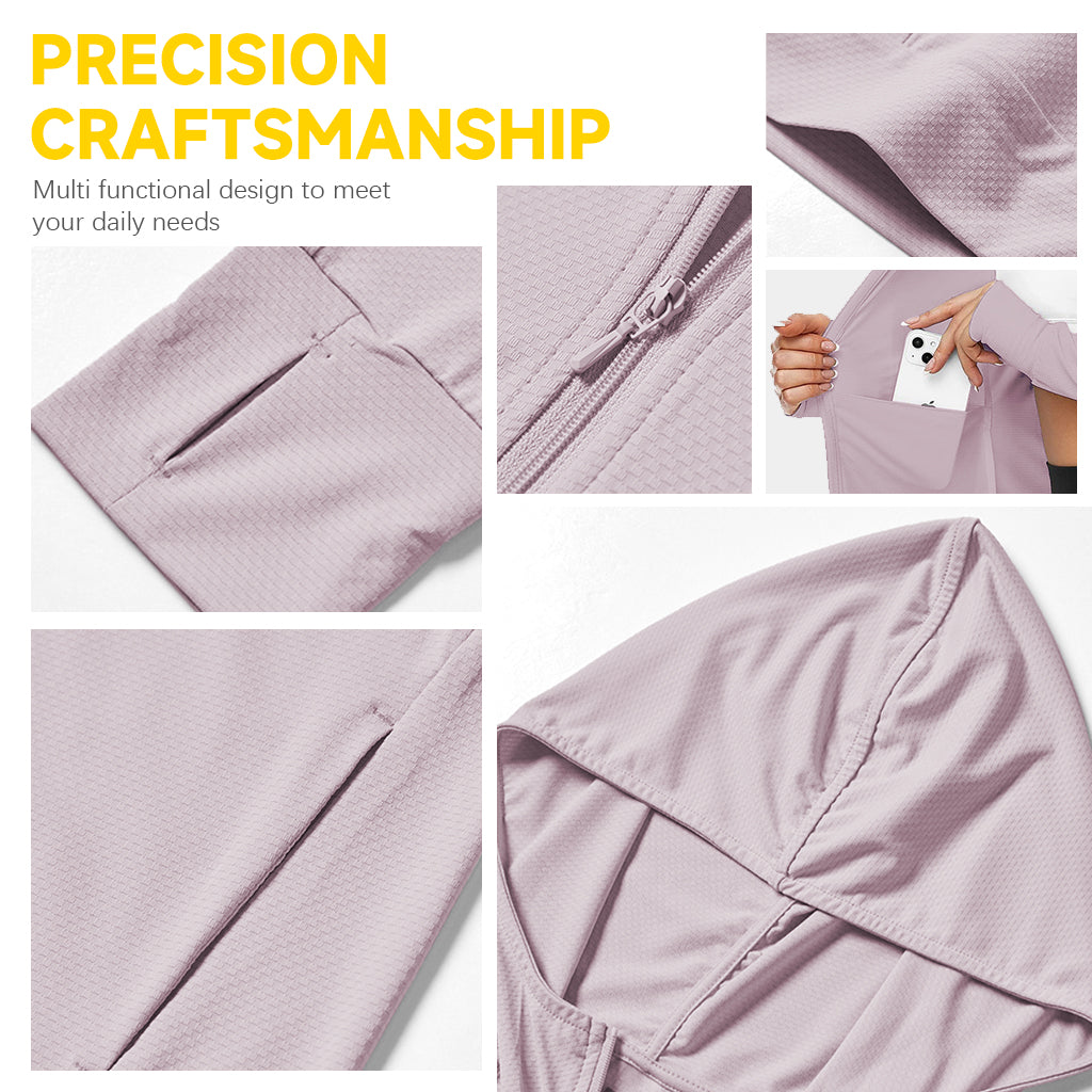 SANNIDHI Women's Sun Protection Jacket UPF 50+ Full Zipper Long Sleeve UV Hoodie Shirts Outdoor Athletic Jacket with Pocket Cooling Summer Clothing for Outdoor Hiking, L, Pink