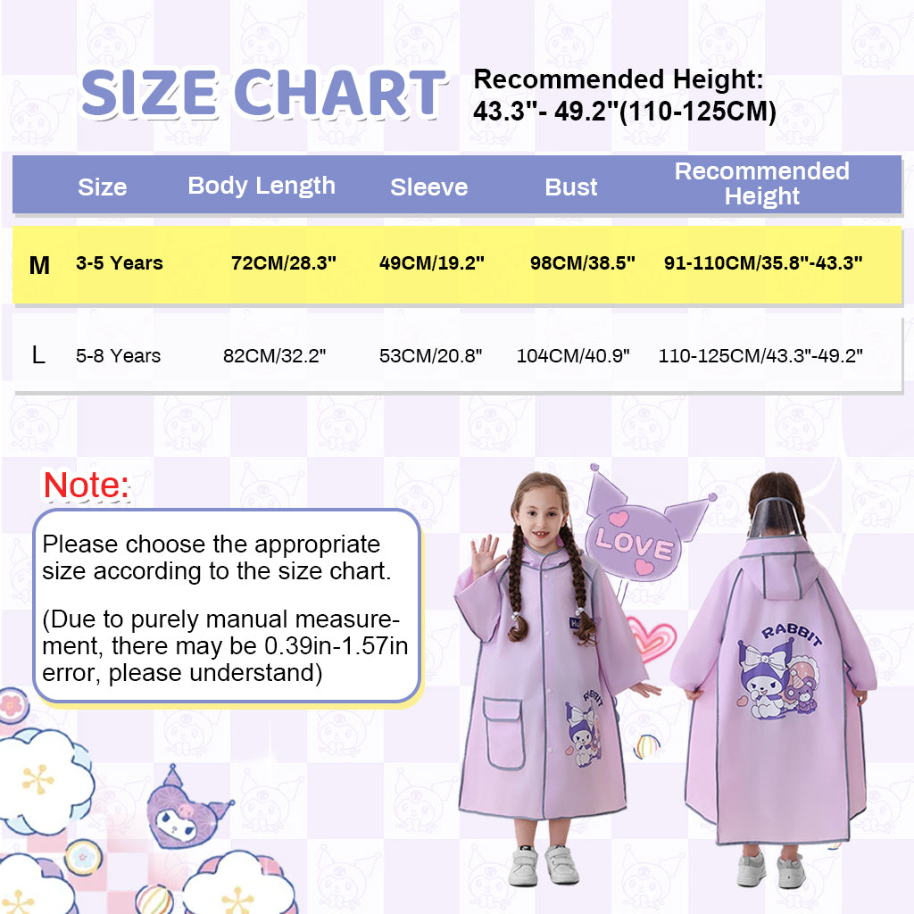 PATPAT Rain Poncho for Girls Kids Rain Coat EVA Rain Coat Knee-length Rain Coat with Transparent Wide Brim Hat & Pocket Button-Up High Collar Rain Coat Cartoon Kuromi Rain Coat for School, Camping, M