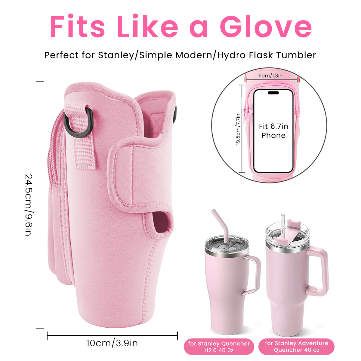 HASTHIP Water Bottle Carrier Bag for Stanley 40/30 oz Tumbler with Phone Pocket Water Bottle Holder with Strap Neoprene Water Bottle Pouch for Stanley Cup Accessories (Pink)