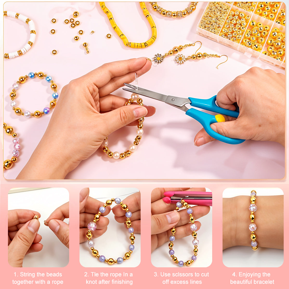 SANNIDHI 1000Pcs Golden Beads for Bracelet Making, Round Spacer Beads for Jewelry Making, 4/6/8/10mm Smooth Beads Spacer Rings, Resin Loose Ball Beads Kit for DIY Craft