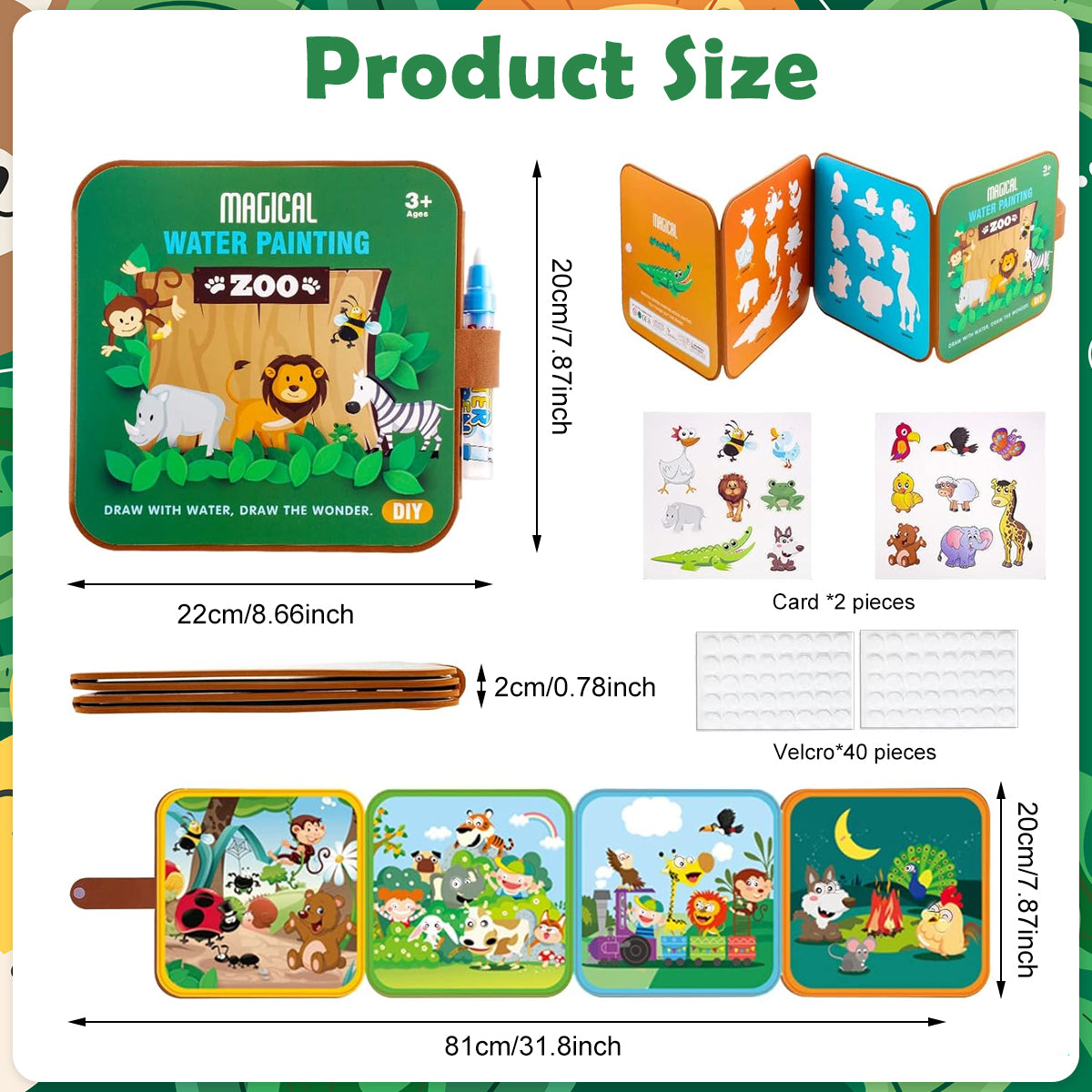 PATPAT Kids Coloring Book with Brush Pan Paint by Water Doodle Book for Toddlers Multi Page Cartoon Water Drawing Book Travel Busy Book Birthday Gift for Kids 3-5 Years Old