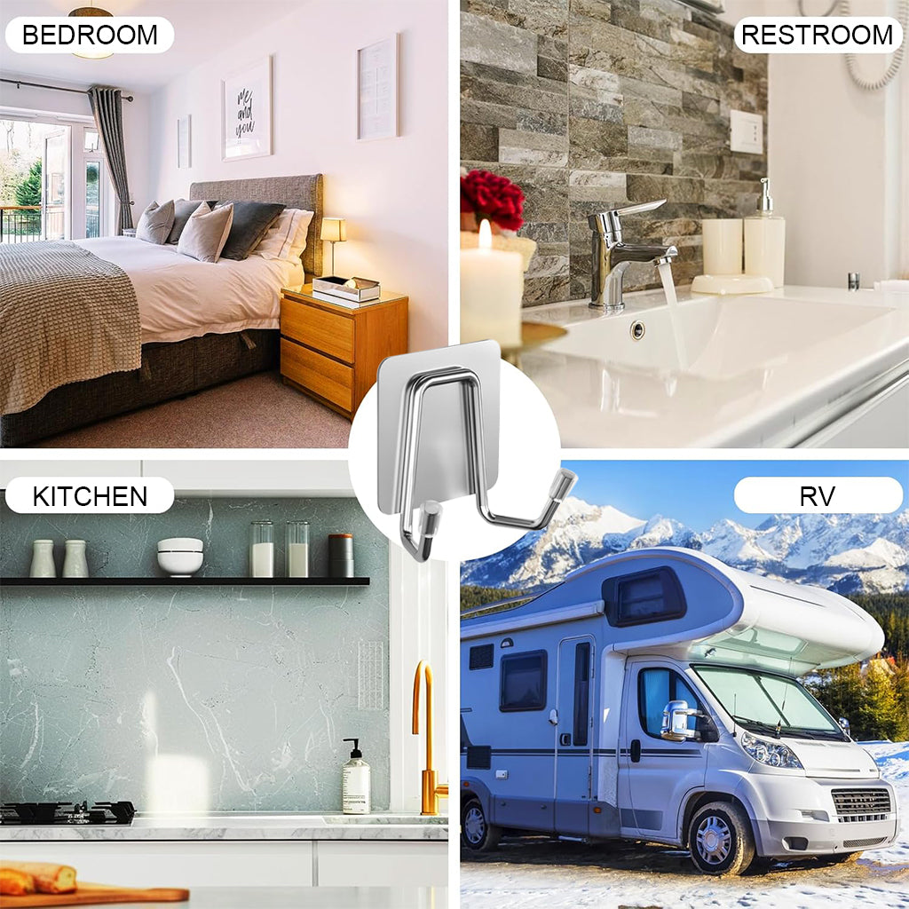 HASTHIP 4Pcs Adhesive Dual Wall Hooks - 304 Stainless Steel Heavy-Duty Towel, Clothes, Sponge Holder, Space-Saving Utility for Kitchen, Bathroom, Bedroom (Silver)