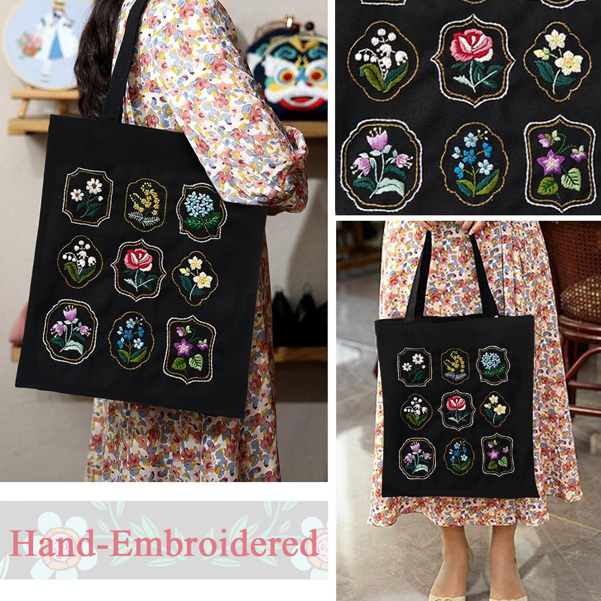 PATPAT DIY Embroidery Canvas Tote Floral Embroidery Canvas Shoulder Bag Embroidery Artcraft Material Pack with 35x33cm Canvas Bag & Color Yarns, Needles, Hoop and Tools DIY Embroidery Book Bag