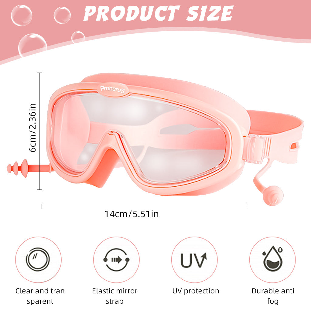 Proberos Big Frame Swim Goggles, Kid Swim Goggles, Anti-fog Professional Swim Goggles with Earplugs, Leakproof Anti-fog Swimming Goggles, Pink