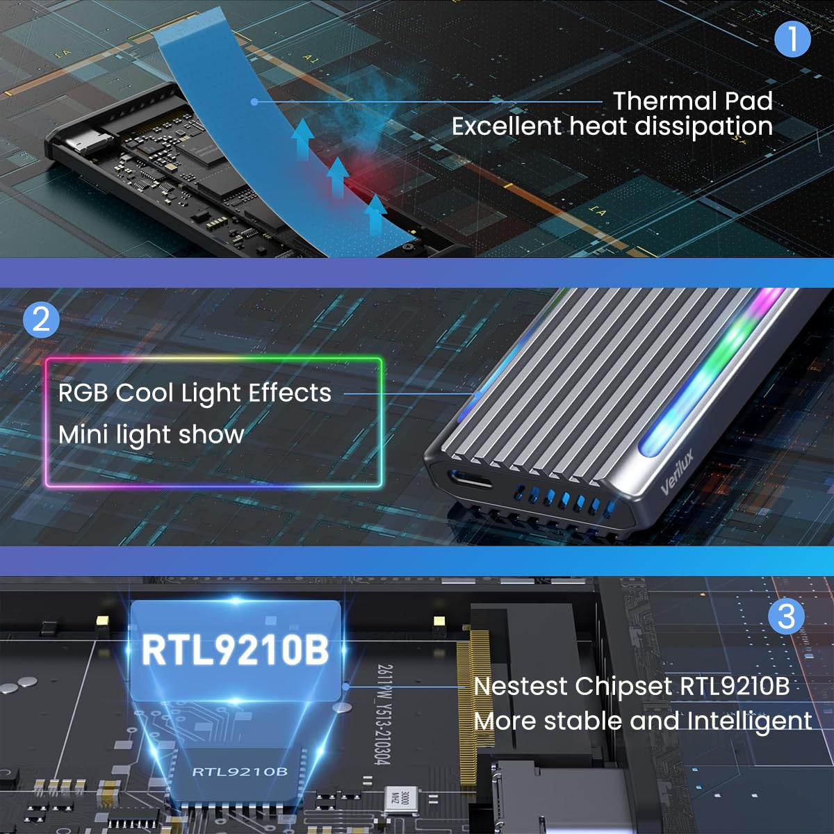 Verilux M.2 NVMe SSD Enclosure with RGB Light, 10Gbps M.2 NVMe to USB Adapter, USB C External NVMe SSD Enclosure, USB 3.2 M.2 NVMe Reader Supports M and B & M Keys, Fits 2230 2242 2260 2280
