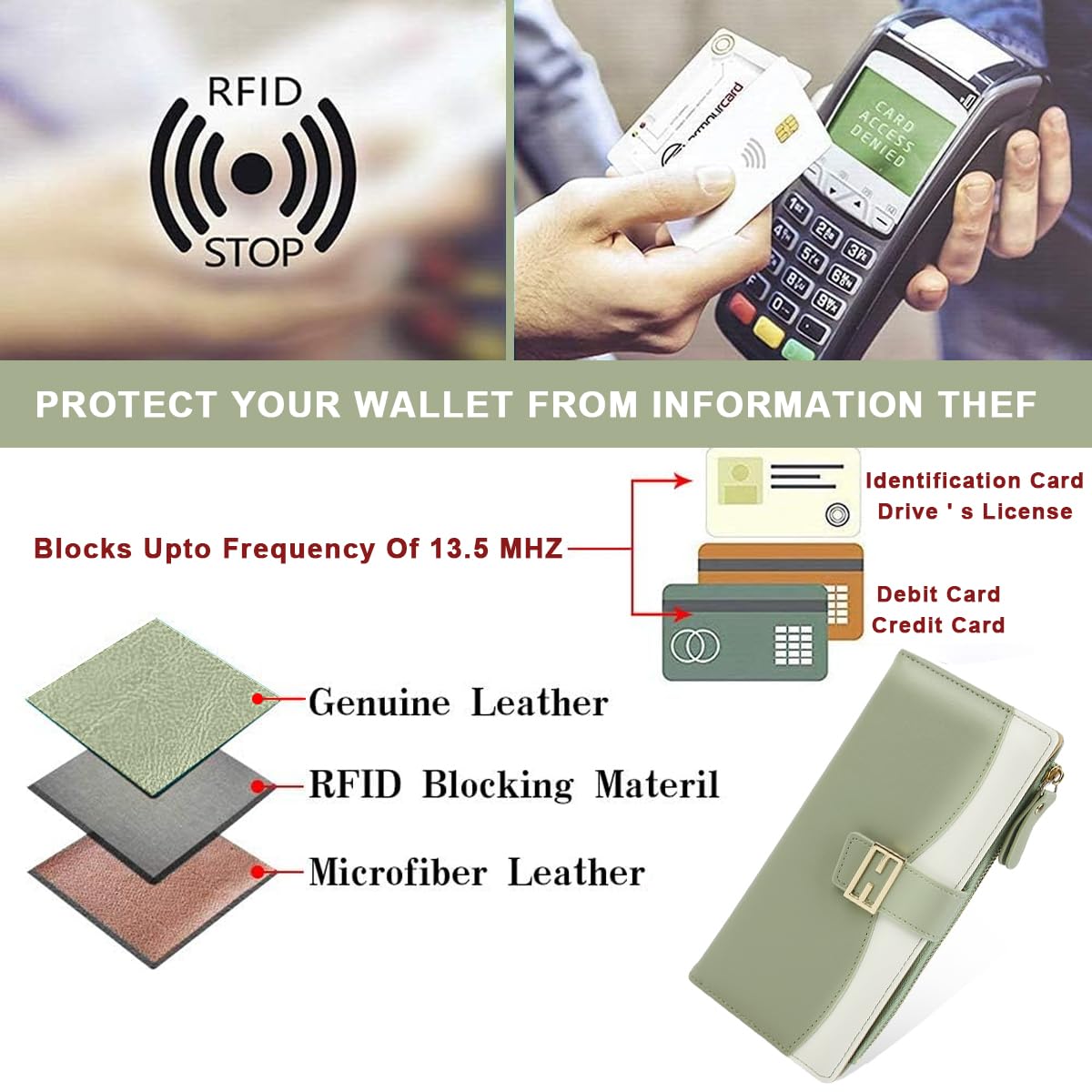 PALAY Women Purse Bag Fashion PU Purse for Women Bifold Purse for Women Large Capacity Cards Bag Cash Bag Evening Hand Bag Clutch Bag for Women Gift for Women Women, Mint Green