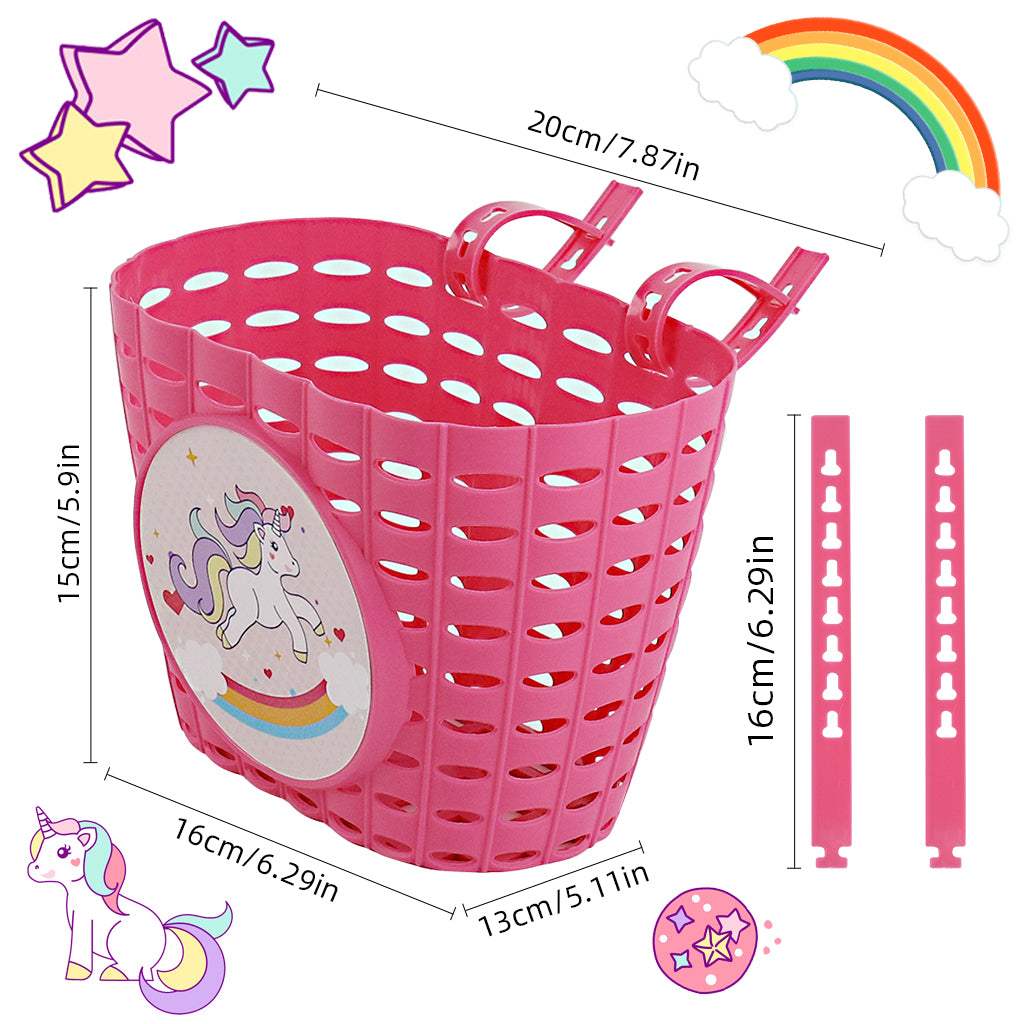 Proberos Girls Bike Basket Kids Plastic Bicycle Front Basket Cute Pink Unicorn Adjustable Fastening Strap Design Universal Basket for Kids Bicycle, Scooter, Tricycles, 20x13x15cm