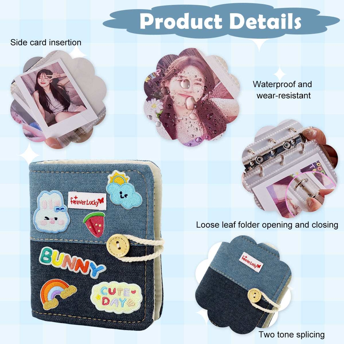HASTHIP DIY Pocket Photo Album Holds Up 40-Photoes Fashion Patchwork Photo Album with Cartoon Embroidery Decals Cartoon Instant Square Films Pocket Album Kpop Star Photocards Binder Album