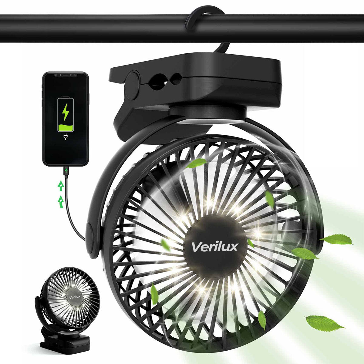 Verilux Small Table Fan with Night Light for Home, Office, Camping with Clip and Power Bank, 3 Speeds Adjustment 8000mAh Rechargeable High Speed Clip Fan