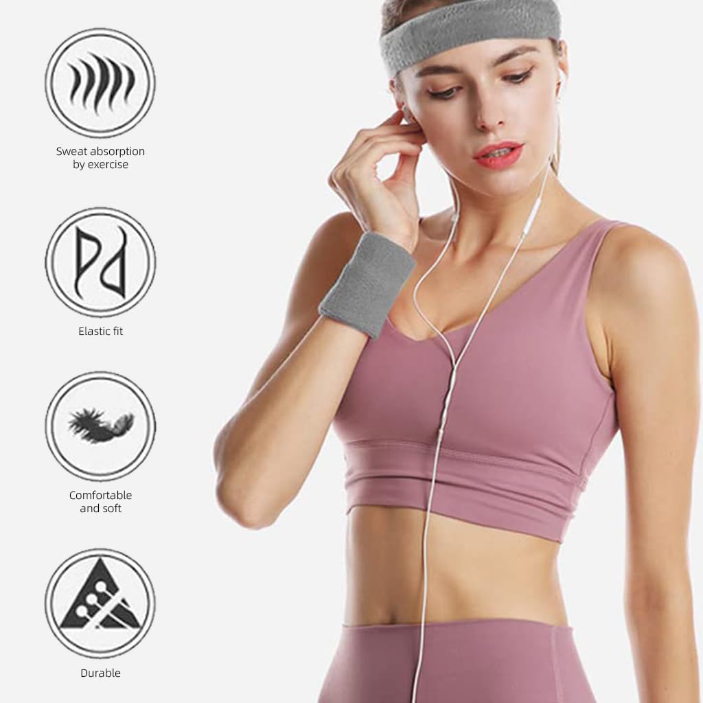 Proberos Sport Headband Wristband Combo Men Women Fashion Sport Headband Wristbands Polyester Spandex Soft Cloth Moisture Wicking Stretchy Wide Sweat Headband for Running, Workout, Yoga(Black &Grey)