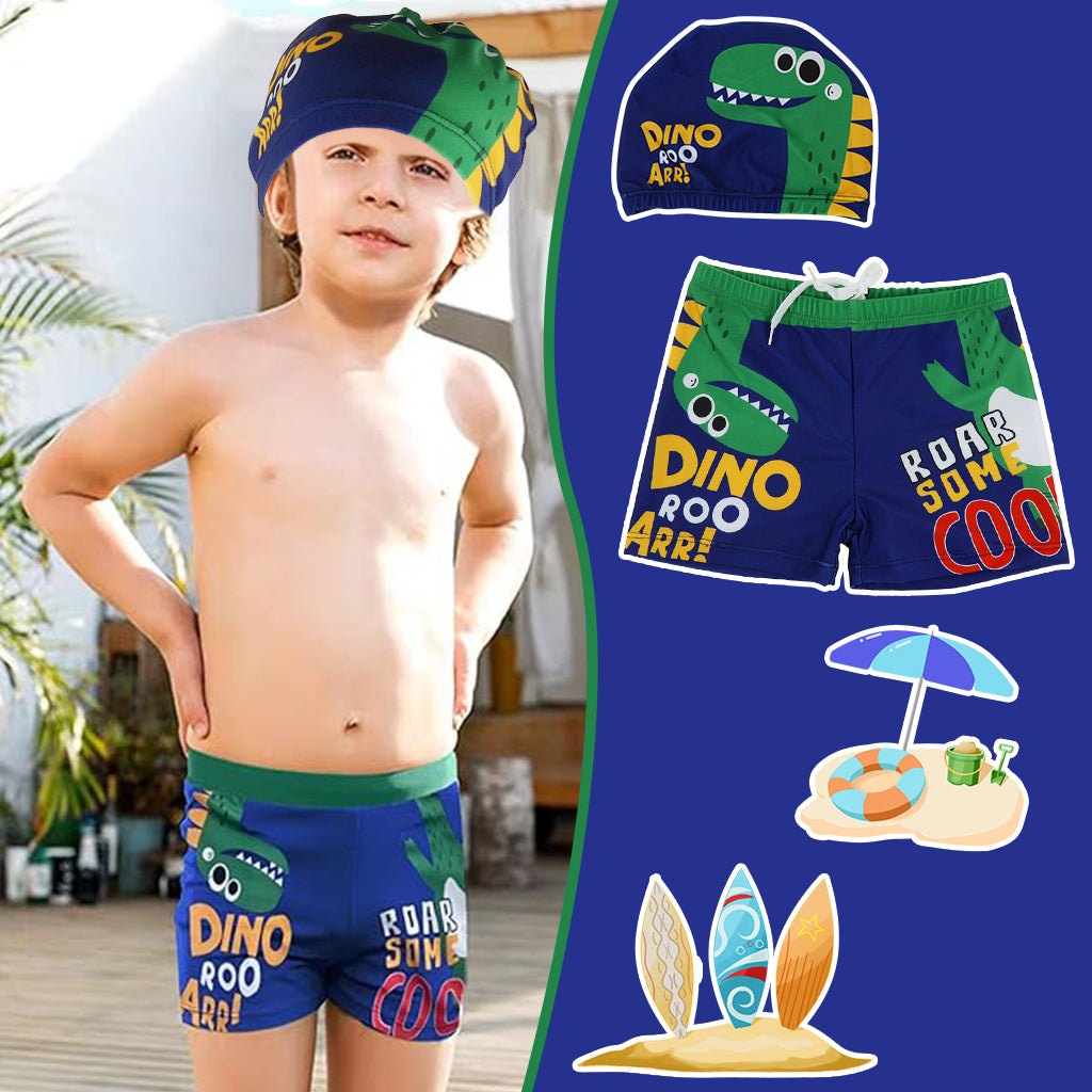 Proberos Boys Swimming Short and Cap Cartoon Dinosaur Polyester Swimming Shorts Elastic Waist Design Summer Swimming Gear for Boys 5-10 Years Old