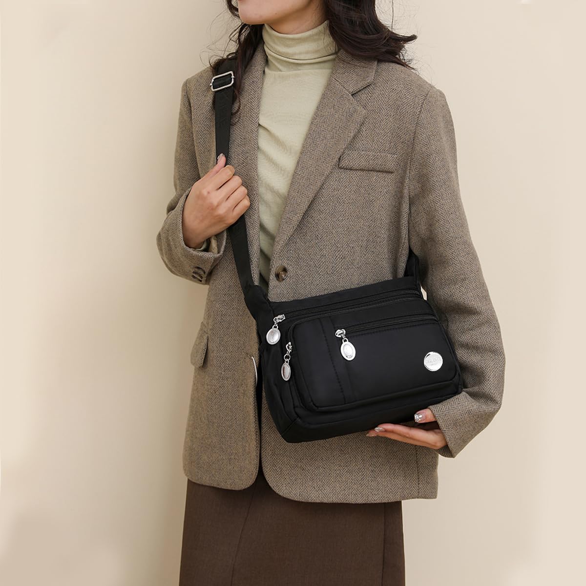 PALAY Women Shoulder Bag Crossbody Bag Nylon Waterproof Bag Multi-pocket Women Sling Bag with Adjustable Shoulder Strap Fashion Bag for Women Satchel Handbag, Black, 25x21x10cm