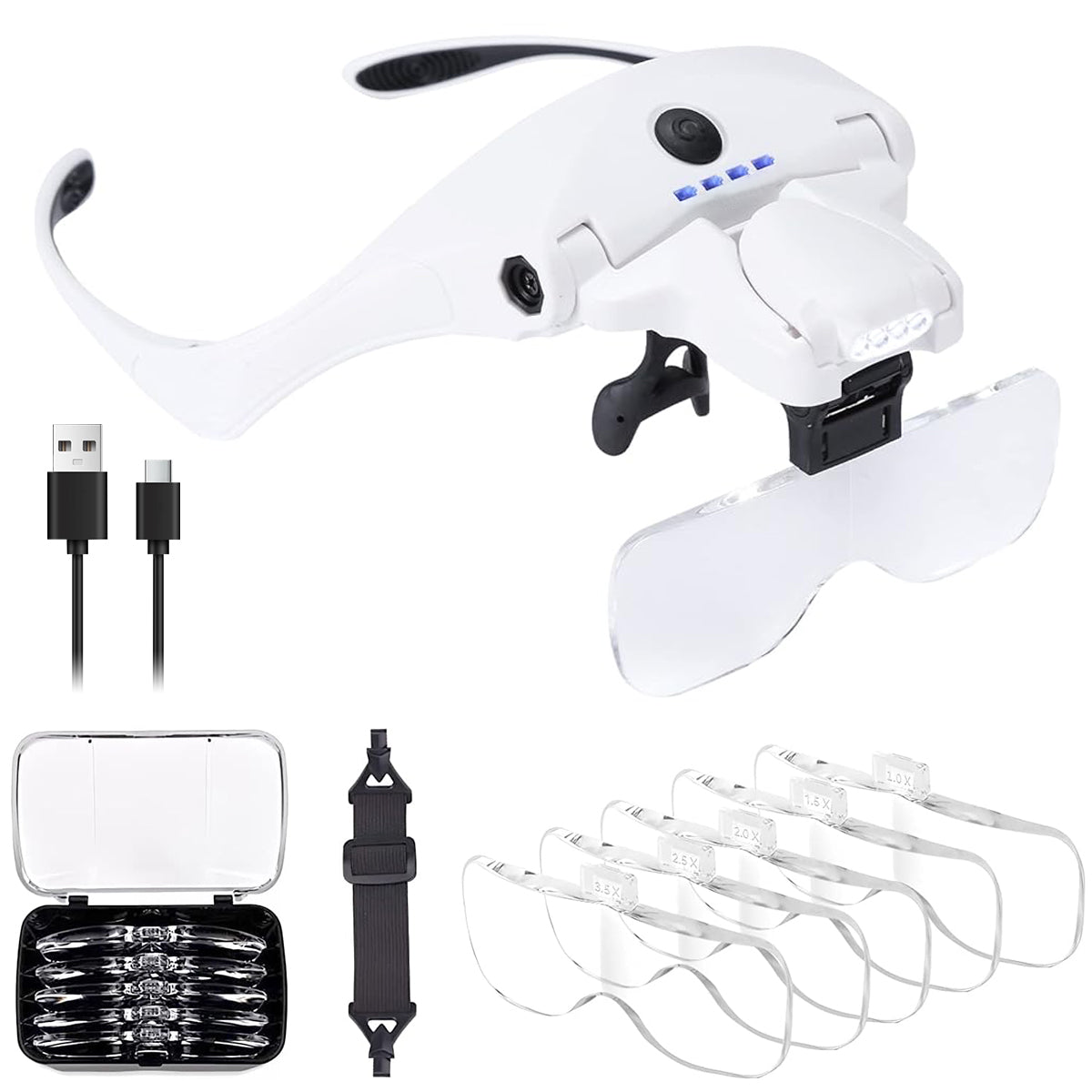 Serplex Magnifying Glasses with 4 LED Lights, Headband USB Magnifier with 5Pcs Detachable Lens (1X-3.5X) Wearable Head Magnifier with Dimmable Light Flip-up Magnifying Lens Multi Use Magnifier