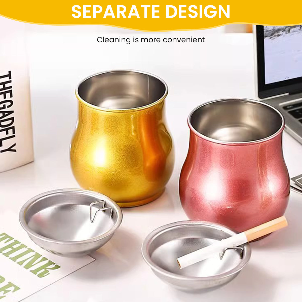 HASTHIP Car Ash Tray Stainless Steel Ashtray, Gold Windproof Ashtray with Funnel Lid, Car Ash Tray Table Ash Tray for Home Office, 3.54x2.75inch (Gold)