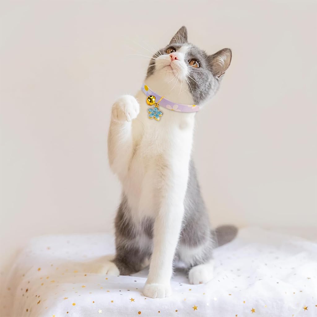 Qpets Cat Collar with Bell Cotton Cat Collar with Sakura Flower Charm Quick Release Buckle Design 18-32cm Adjustable Cat Collat Cute Purple Floral Print Cat Collar