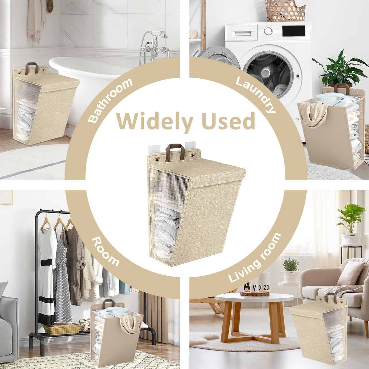 HANNEA Laundry Basket with Lid Wall Laundry Basket with Hanging Eyelets Breathable Linen Mesh Fabric Upright Dirty Cloth Hamper Portable Laundry Bin with Handle, 41x15x58cm